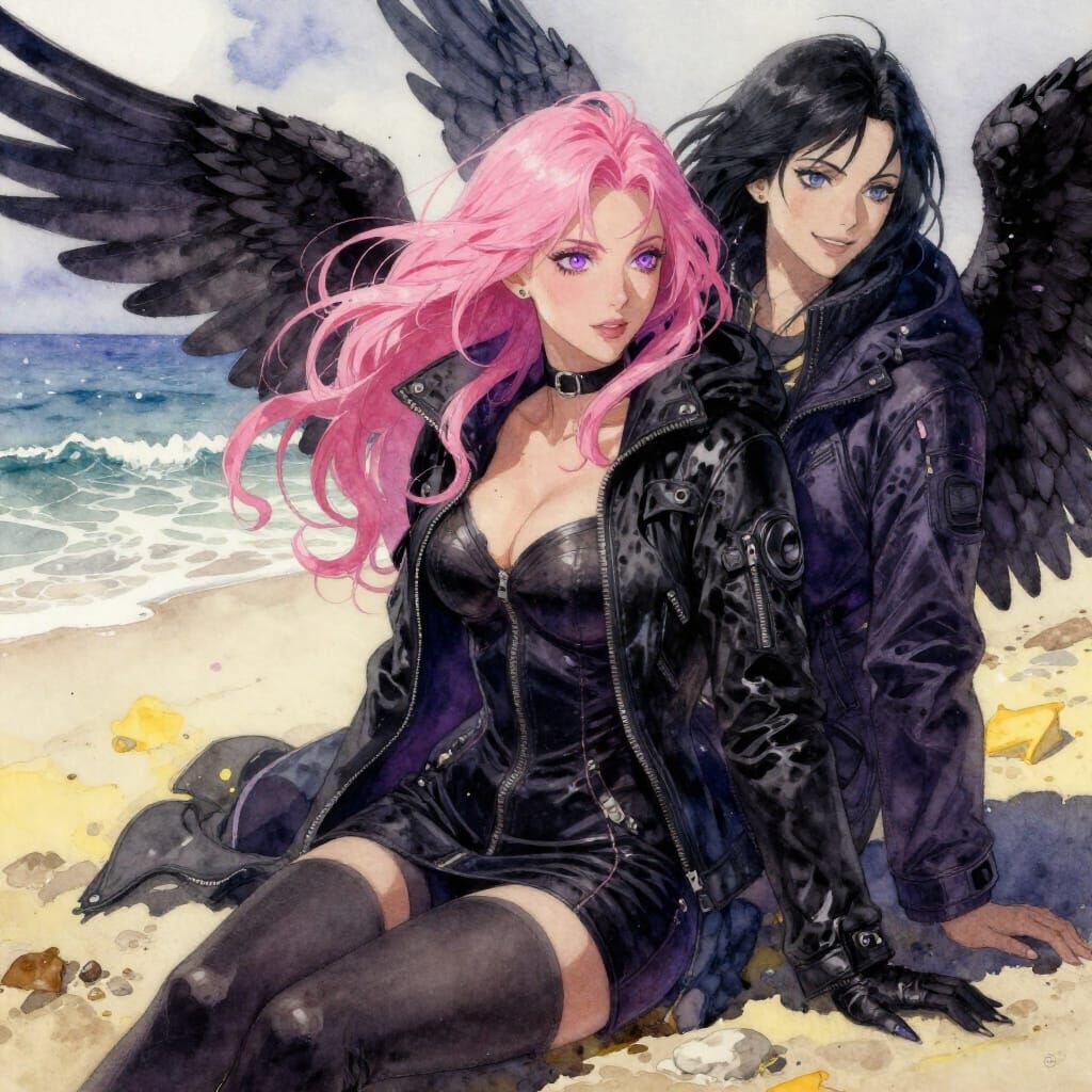 Winter Beach Scene with Angel and Woman in Watercolor Style