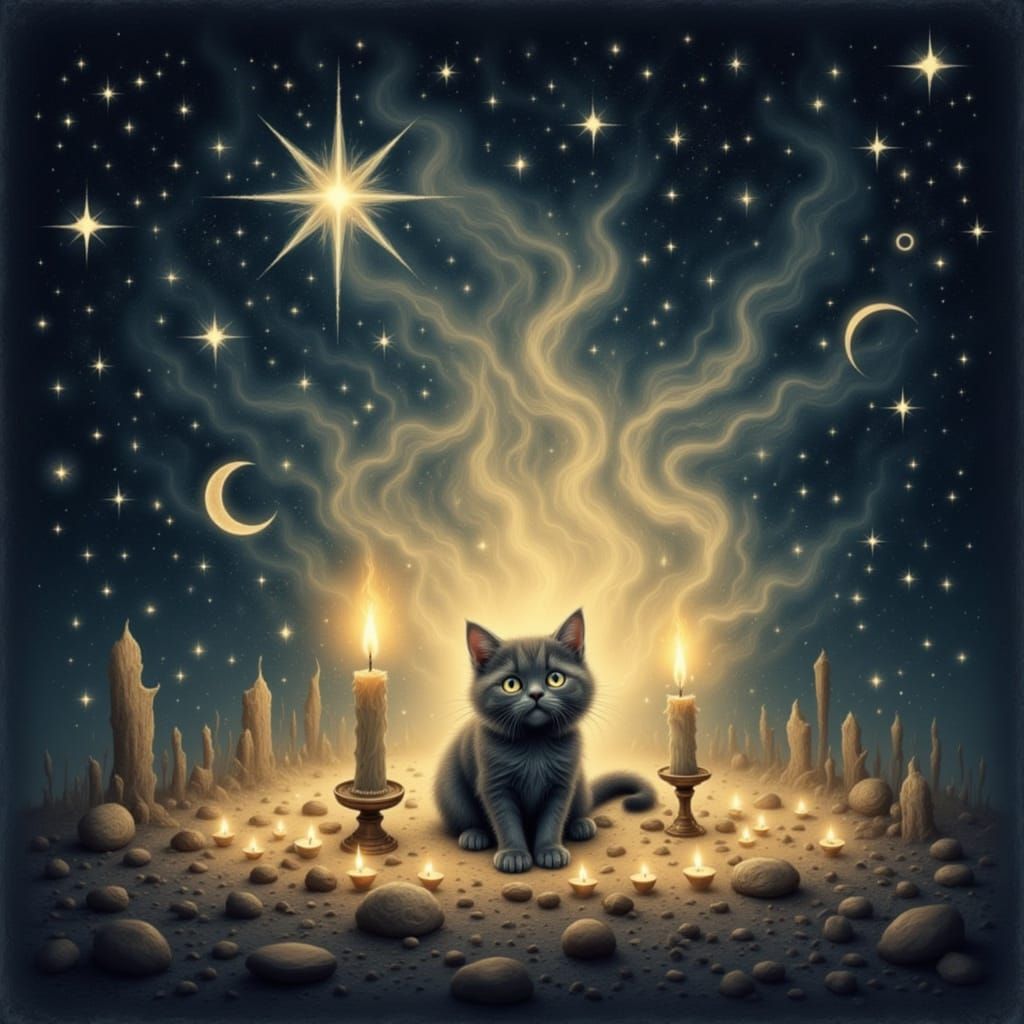 Mystical Candlelit Cat with Ghostly Aura