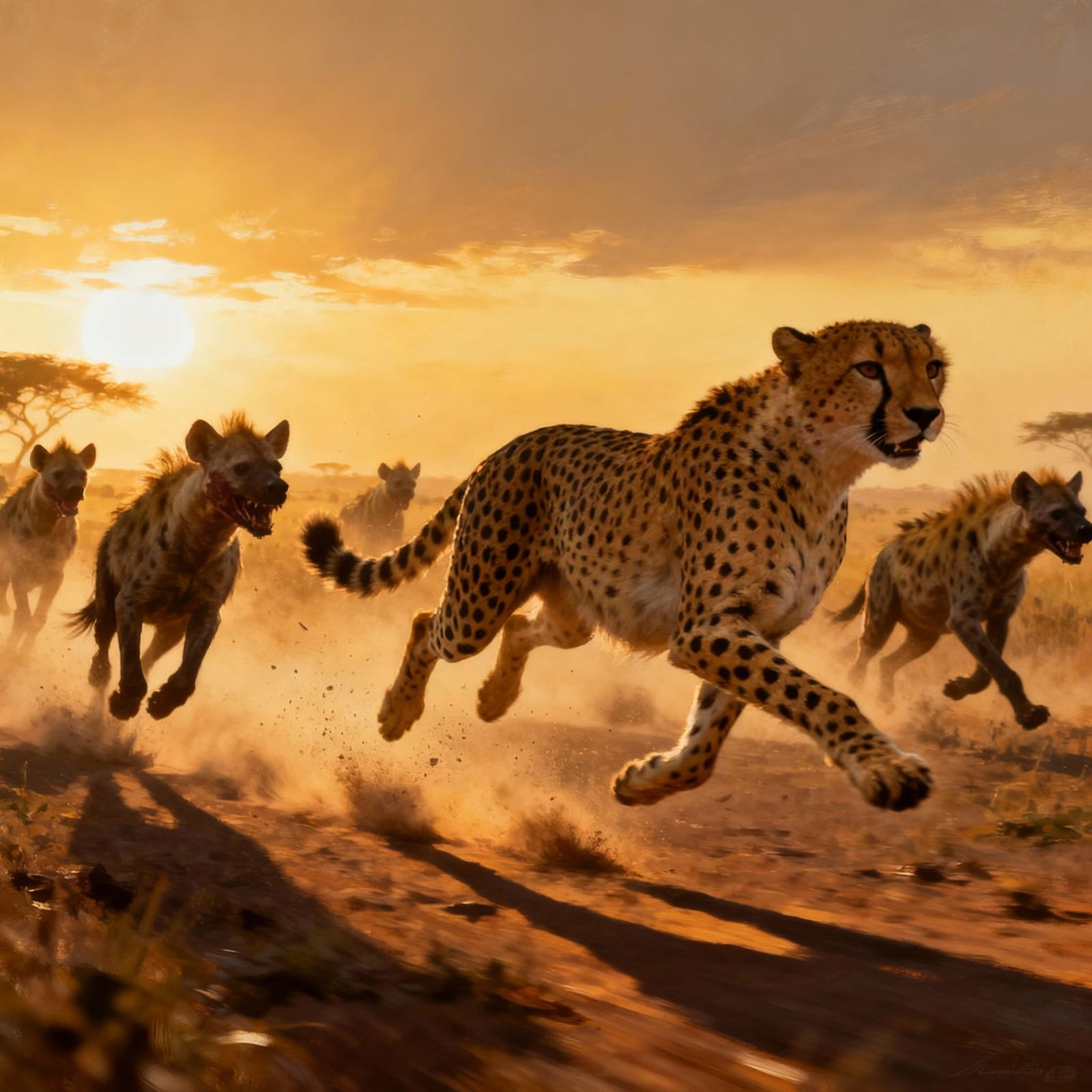 Cheetah Sprinting After Hyenas on African Savanna