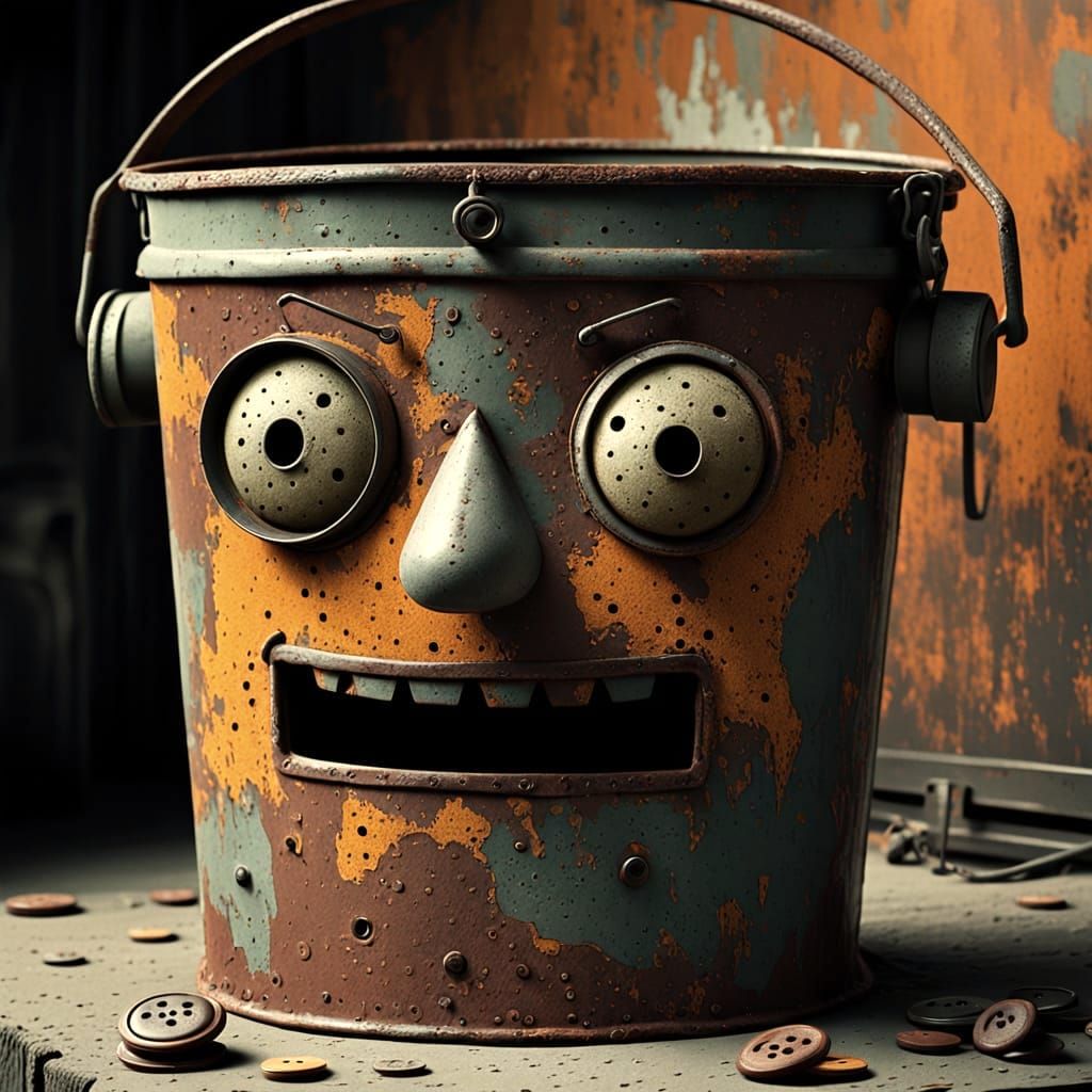 Junk Robot Face: Buttons, Lid, and Rusty Smile
