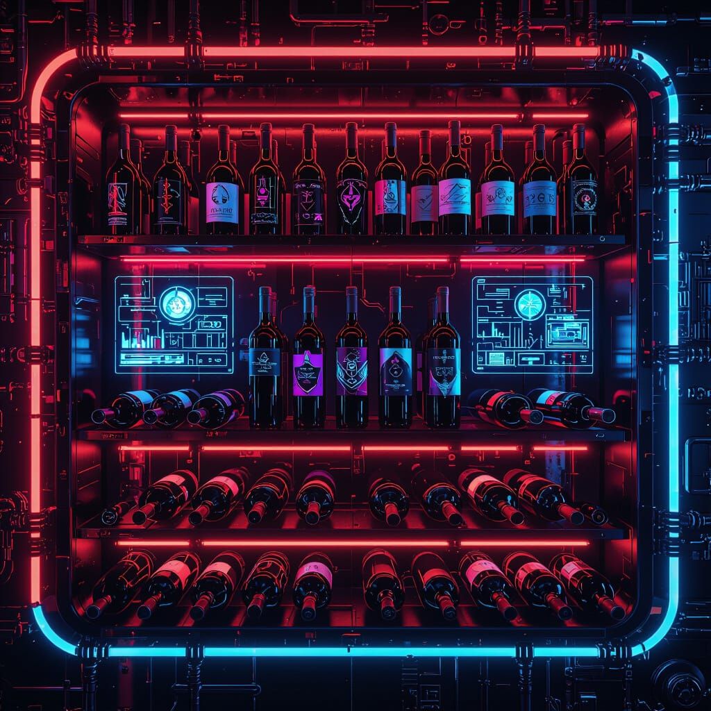 Cyberpunk Wine Shelf Wallpaper with Neon Accents
