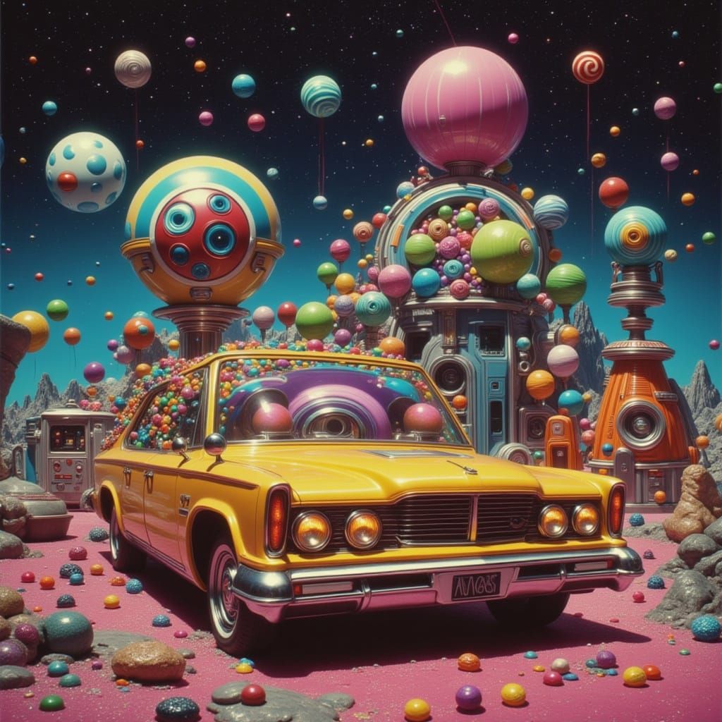 Surreal Candy Cosmos in Retro Sci-Fi Style