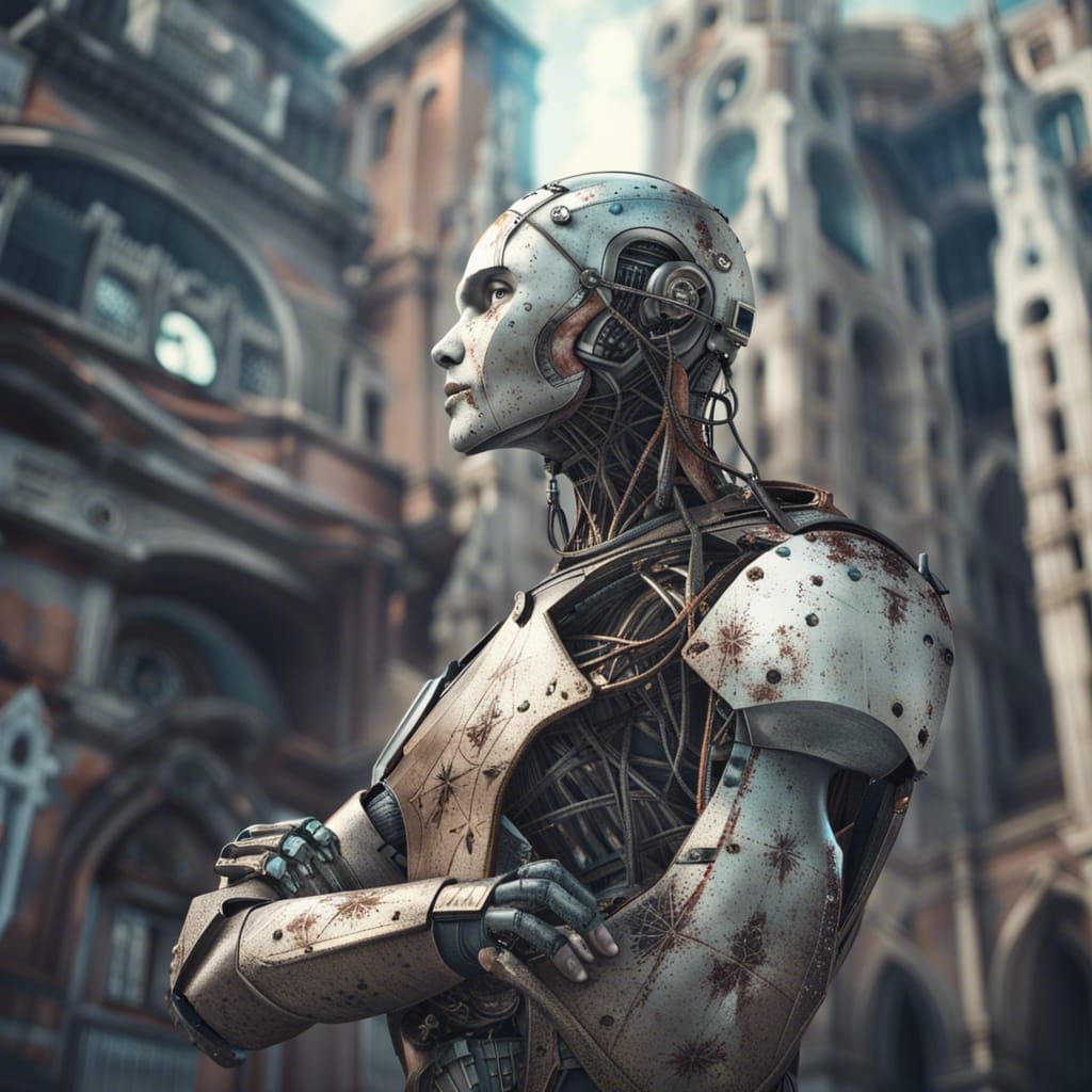 Futuristic Robot Worshipper in Decaying Urban Scene
