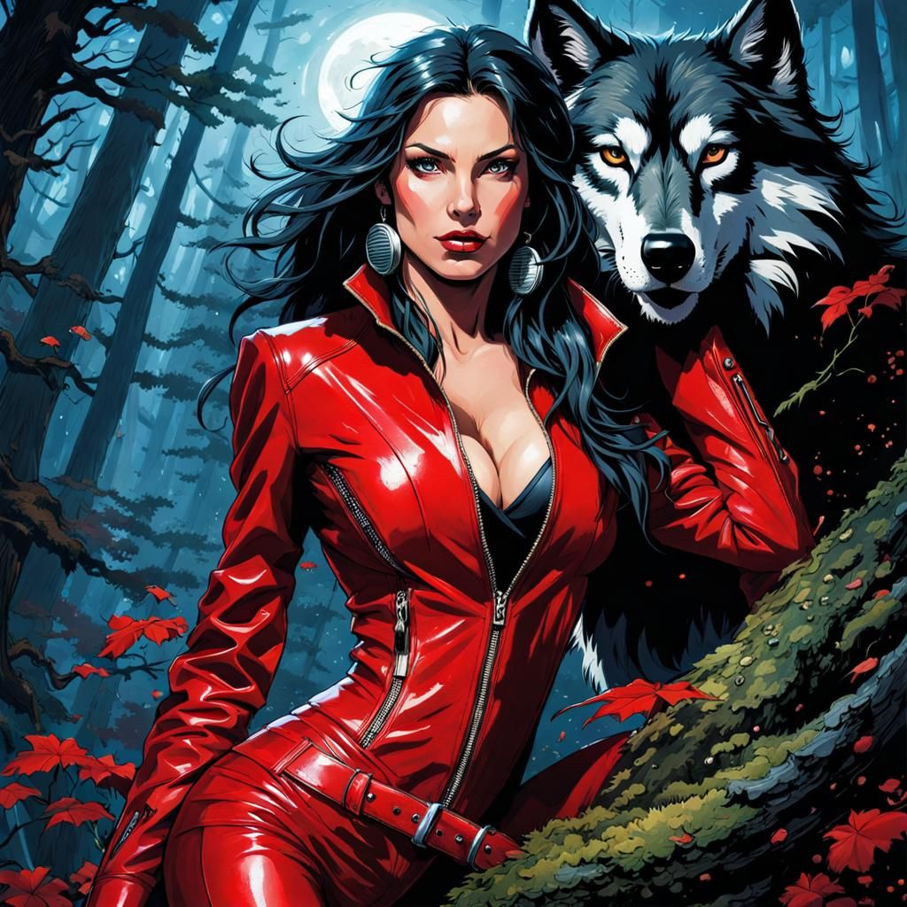 Beautiful She-Wolf Portrait in Forest, Splash Art Style