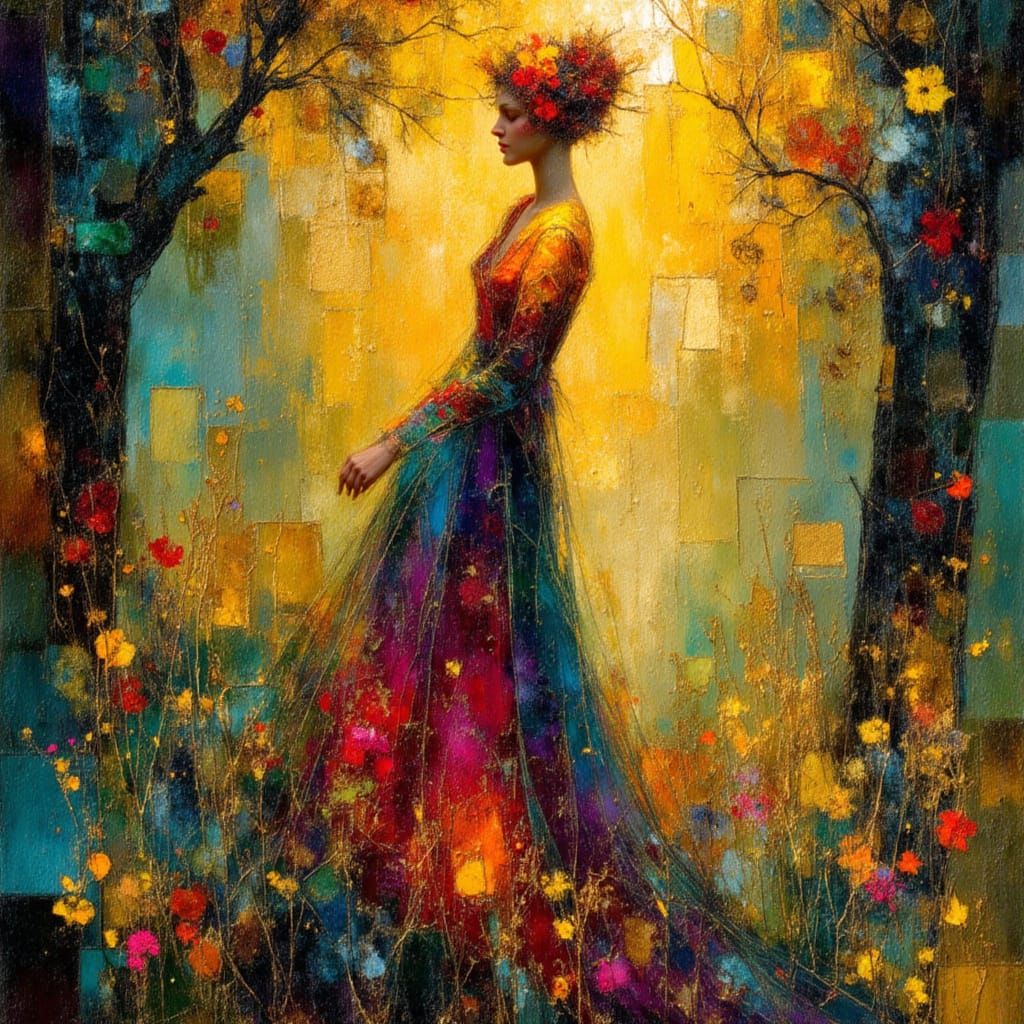 Nature Goddess in Klimt Style with Gold, Teal, Crimson Hues