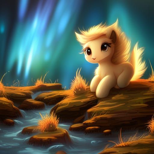 Chibi Pony Constellation Above Bioluminescent Waterfall