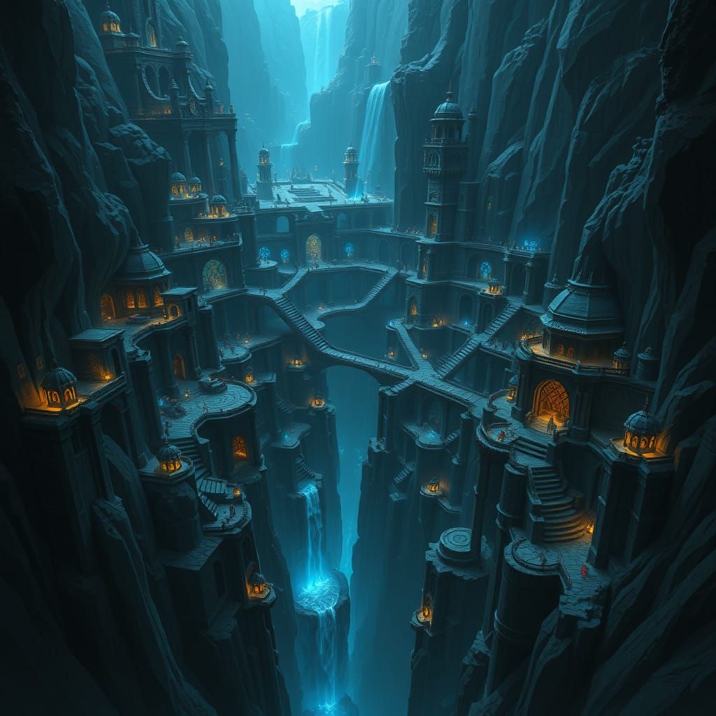 Dwarven City Carved into Endless Abyss of Obsidian Rock