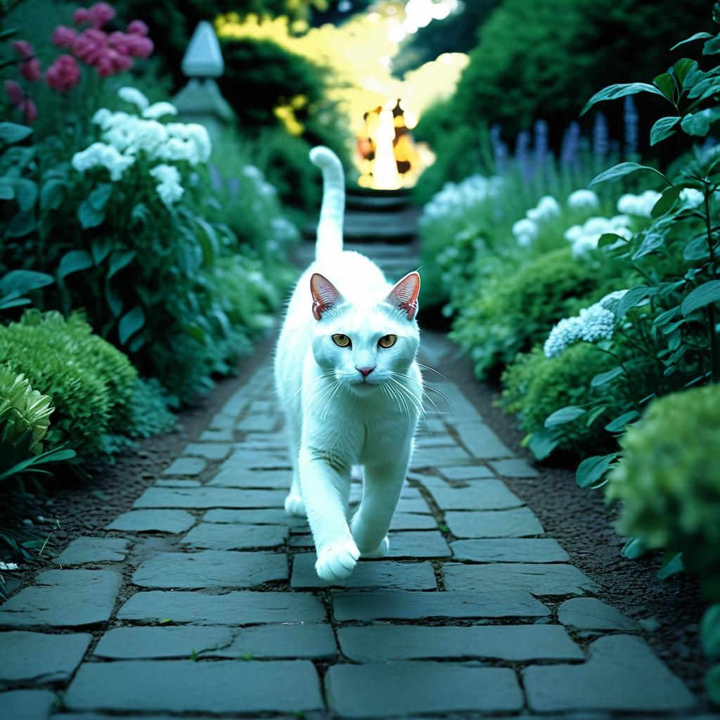 White Cat on Garden Path: Cinematic Film Still