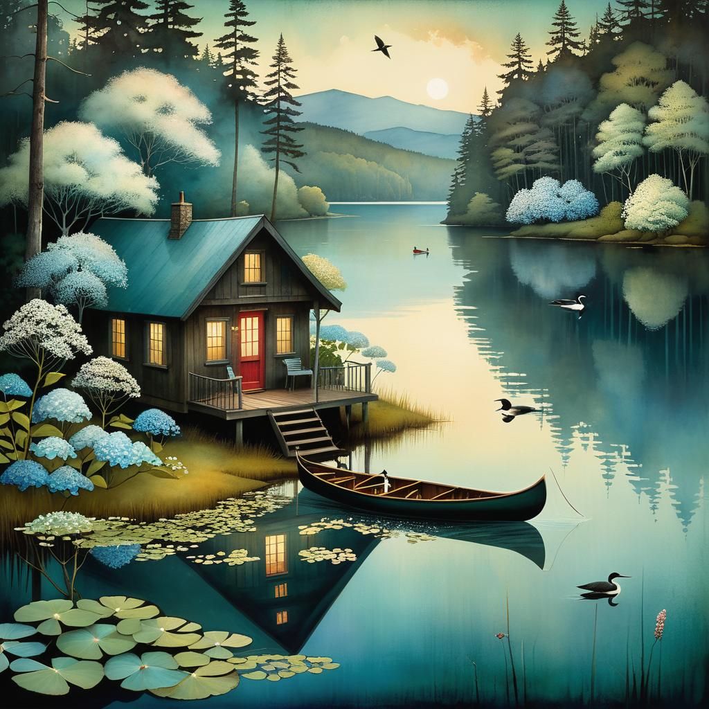 Maine Cabin on Lake, Watercolor and Ink