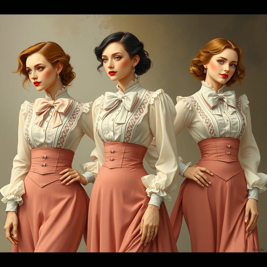 Elegant Women in Art Nouveau-Inspired Fashion