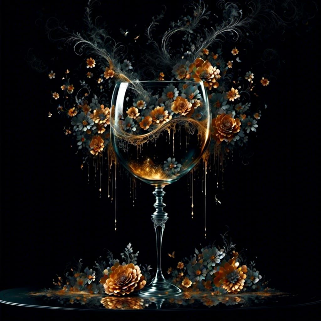 Golden Chalice with Flowing Liquid and Lace Flowers