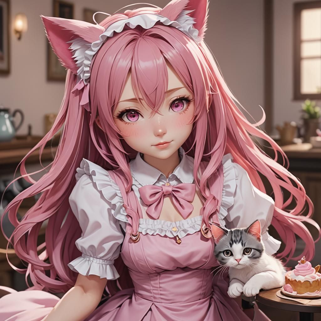 Anime Girl in Pink Maid Dress: 3D Art
