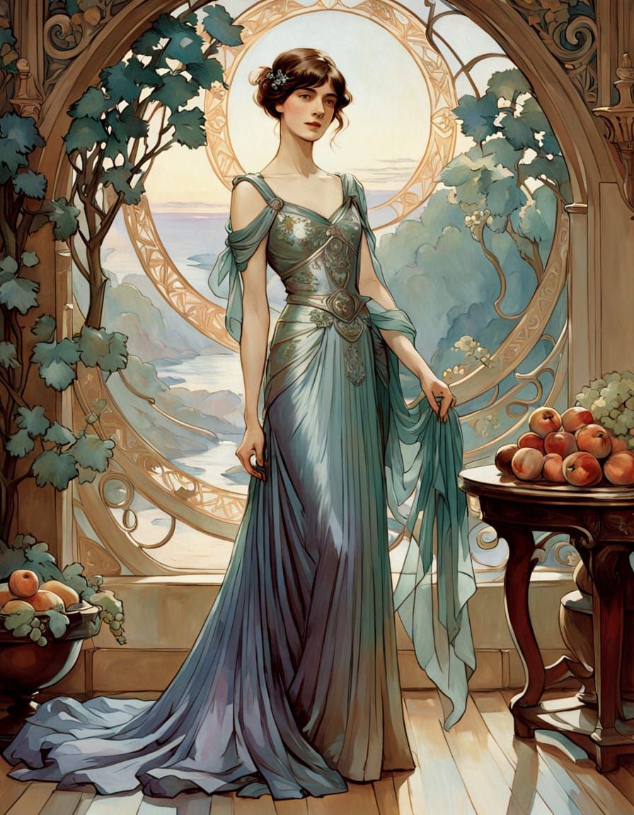 Ethereal Young Woman in Art Nouveau Evening Gown with Fruits
