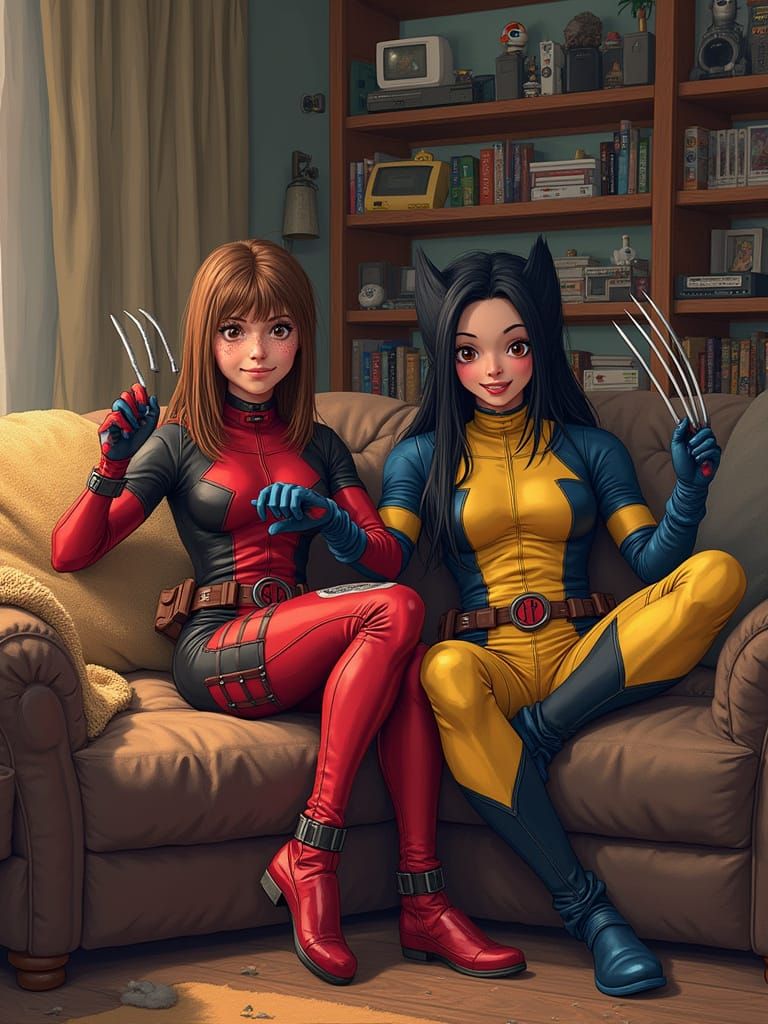 Girls in Cosplay Enjoy a Cozy Living Room Moment