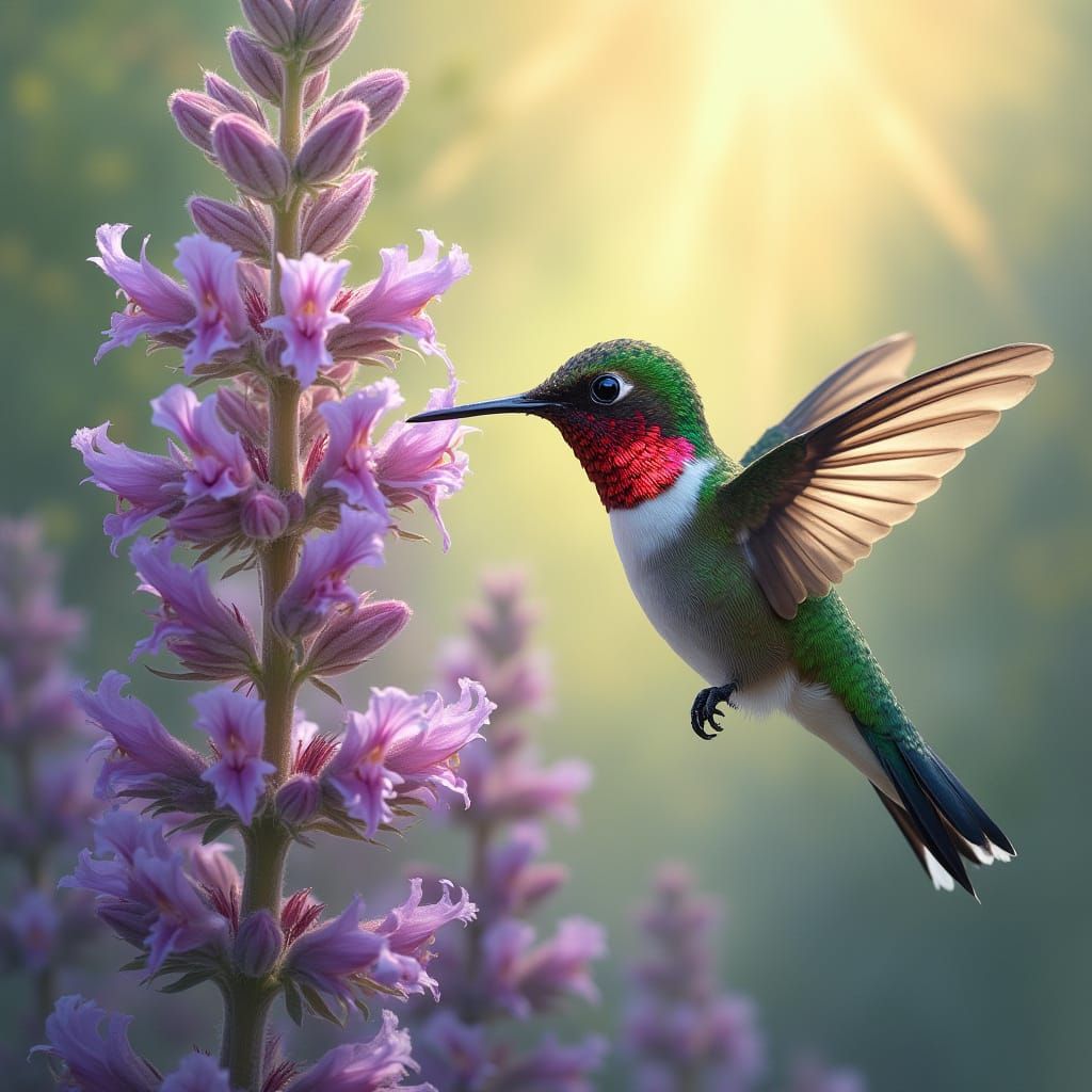 Hummingbird Drinks Nectar From Purple Flower in Ethereal Lig...