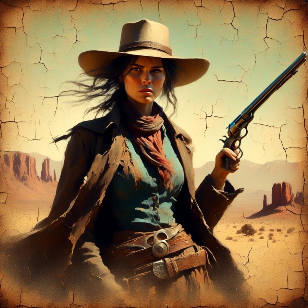 Female Gunslinger in Old West, Cracked Line Art