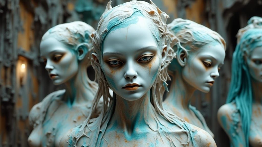 Alien Alabaster Statues in Brutalist Style