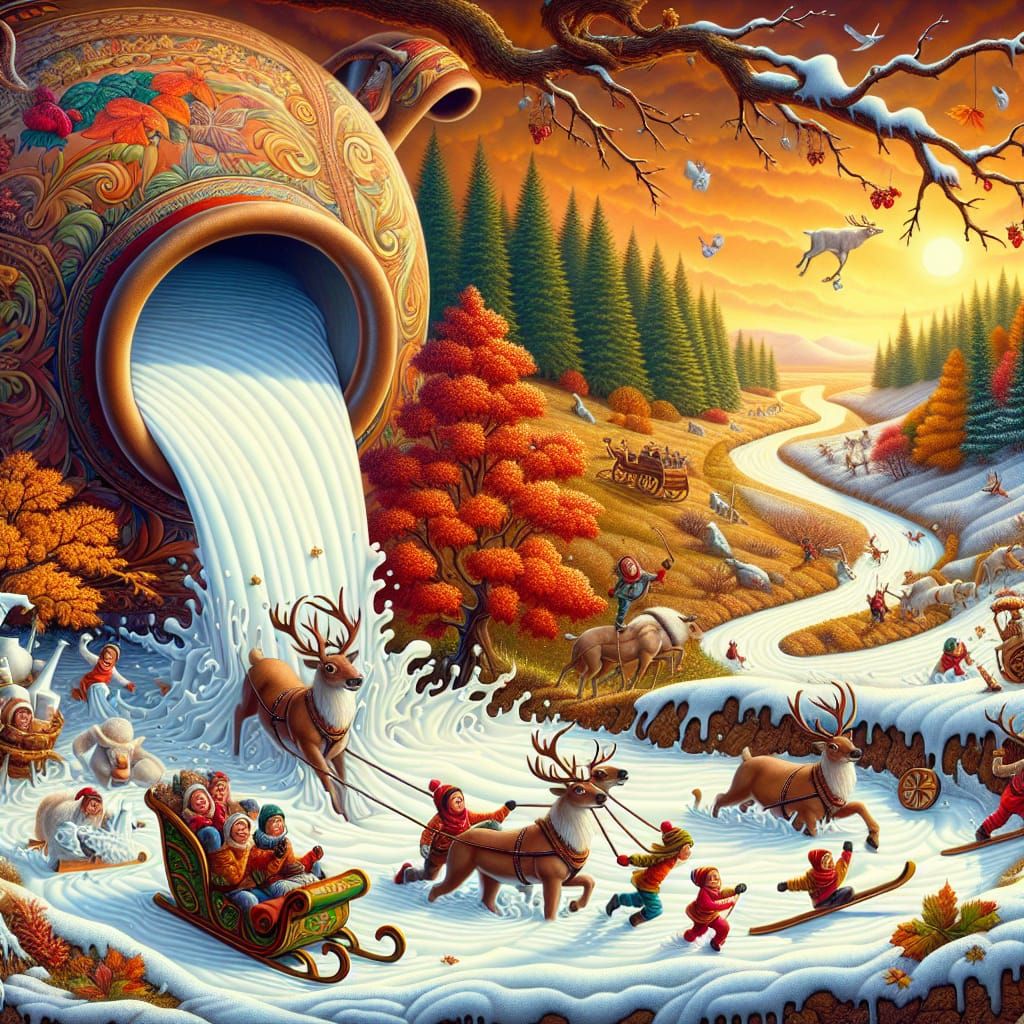 Fantasy Scene: Reindeer Sleigh on River of Milk