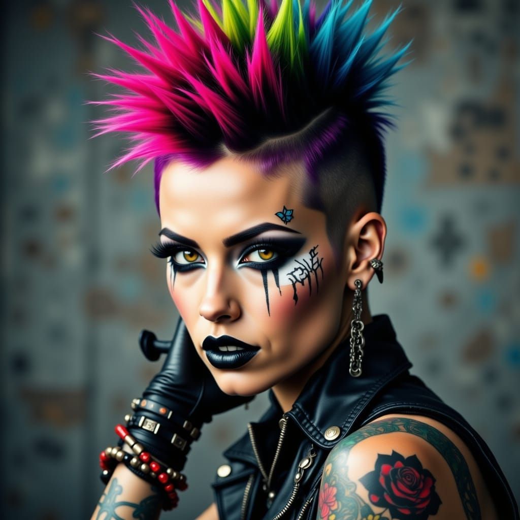 Punk Woman with Mohawk and Rose Tattoo