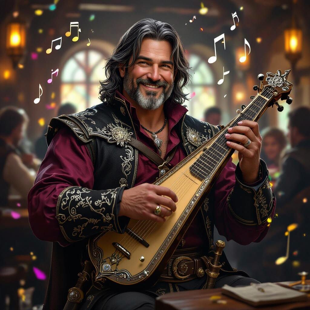 Fantasy Portrait: Man Playing Harp in Tavern
