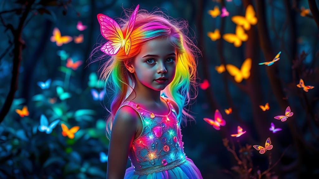 Radiant Girl in Bioluminescent Forest, Vibrant Photo