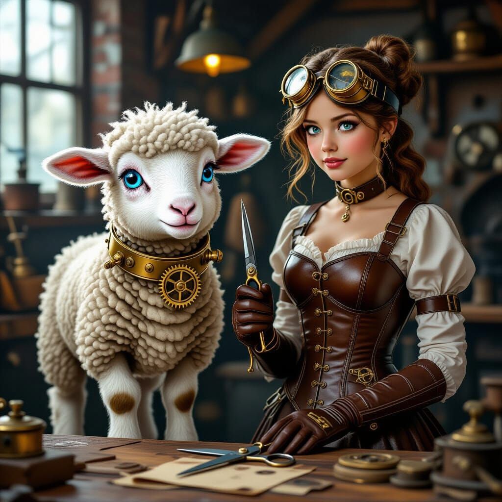 Steampunk Lamb Nervously Faces Girl with Shears