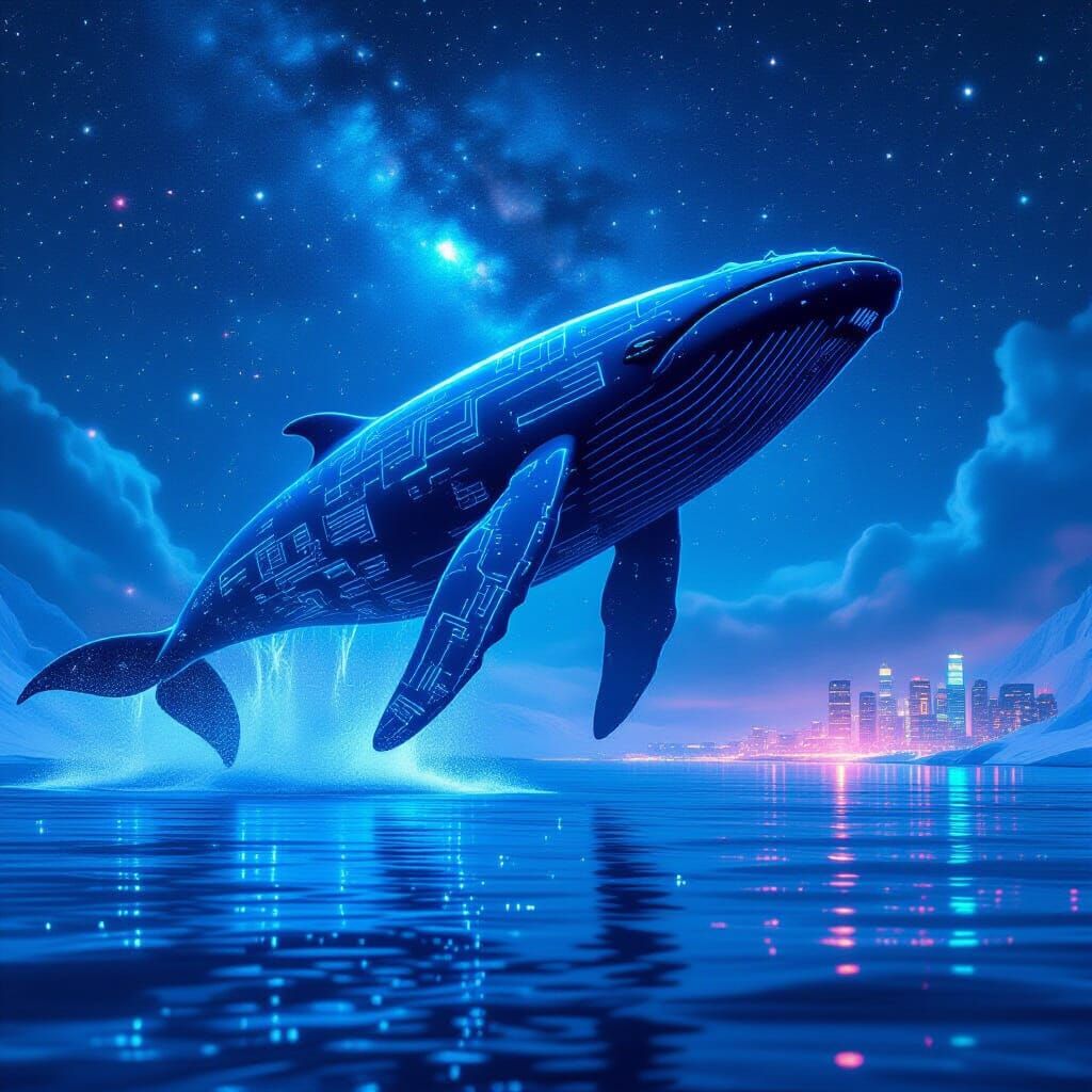 Cyberpunk Whale Breaches Neon Arctic Ocean