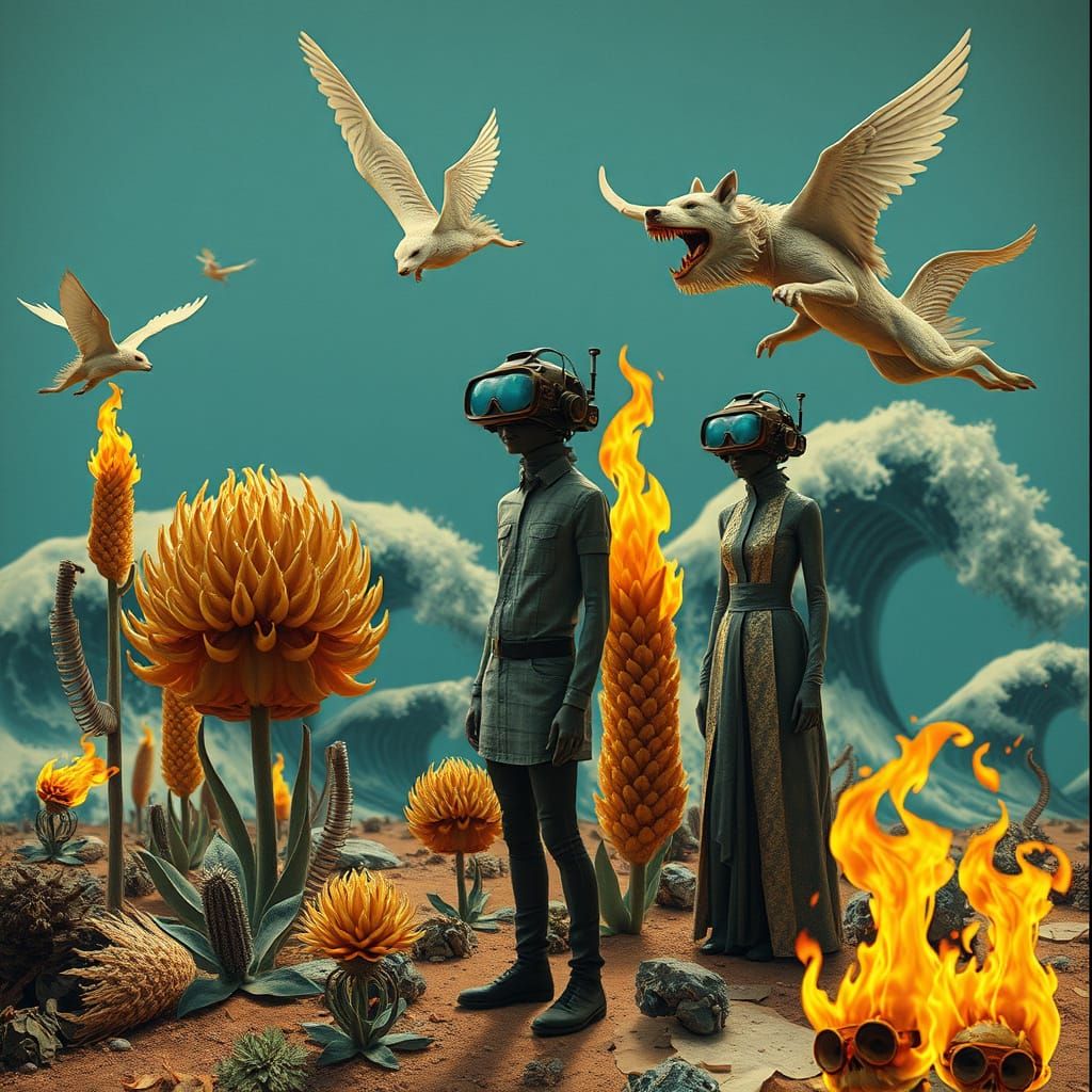 Surreal Collage of People, Plants, and Flying Dogs