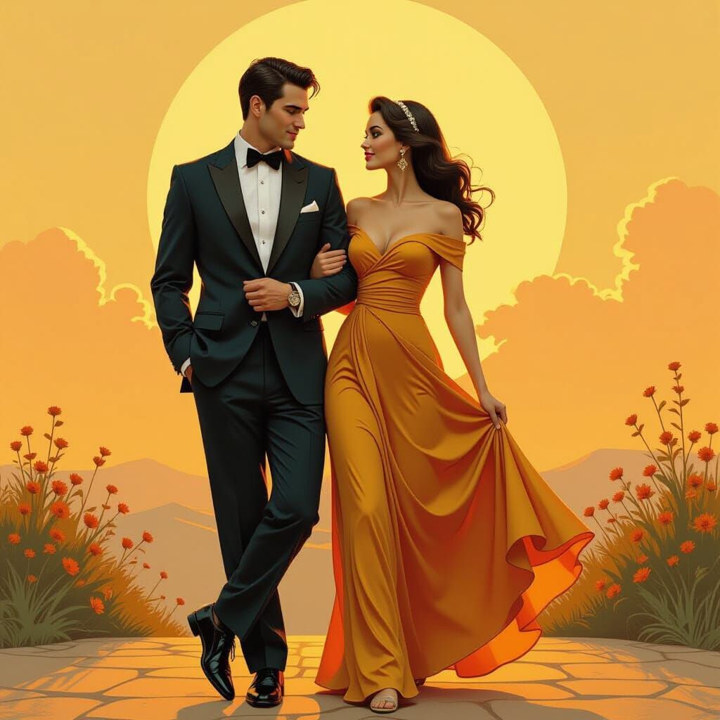 Couple in Golden Era Backdrop, Gurney & Van Baarle Style