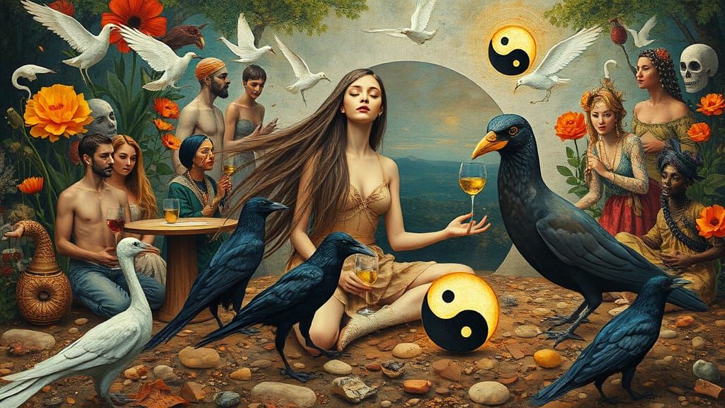 Surreal Garden Party with Towering Flowers