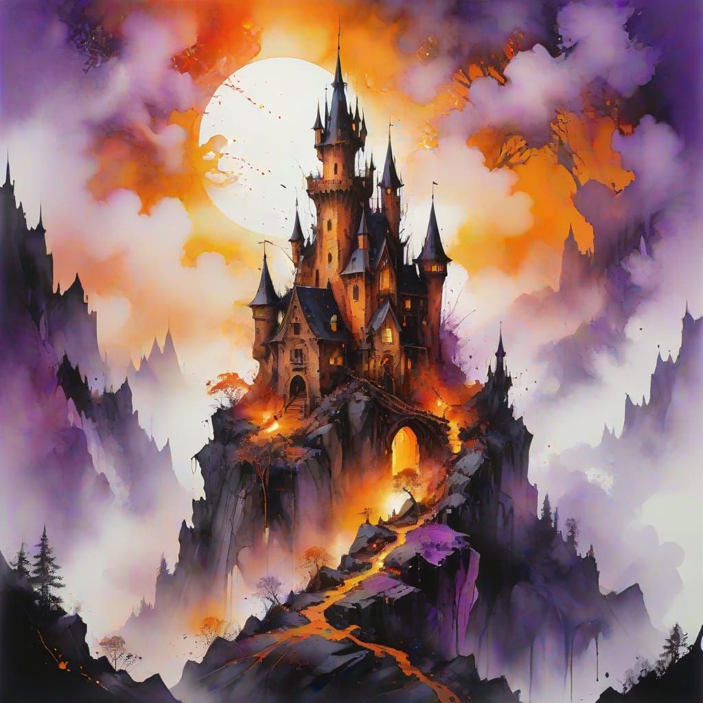 Enchanted Castle in Mist: Ethereal Watercolor Art