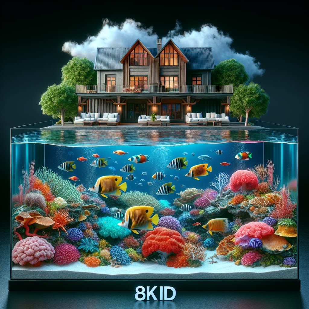 Surreal Family House Over Caribbean Aquarium, 8K