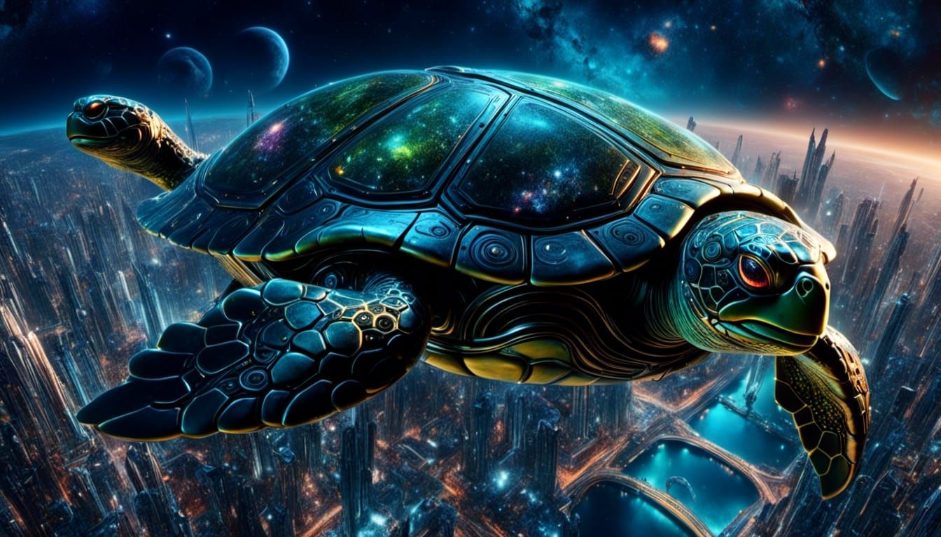 2 headed giant turtle over a city