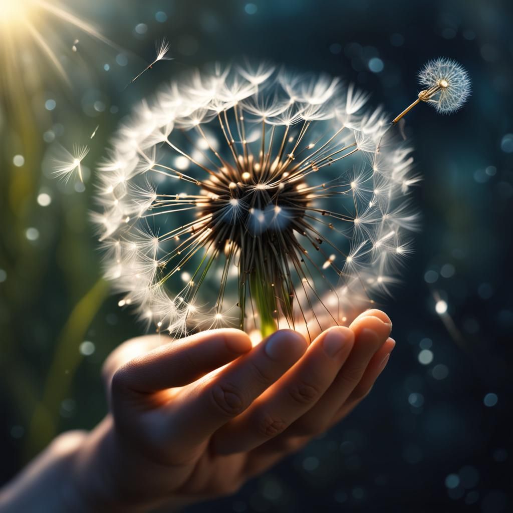 Luminous Dandelion Seeds in Girl's Hand