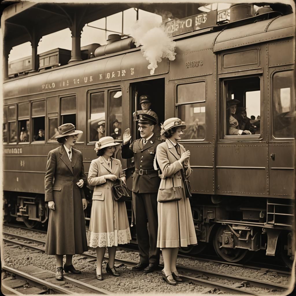 Wartime Farewell: 1930s Train Departure in Sepia