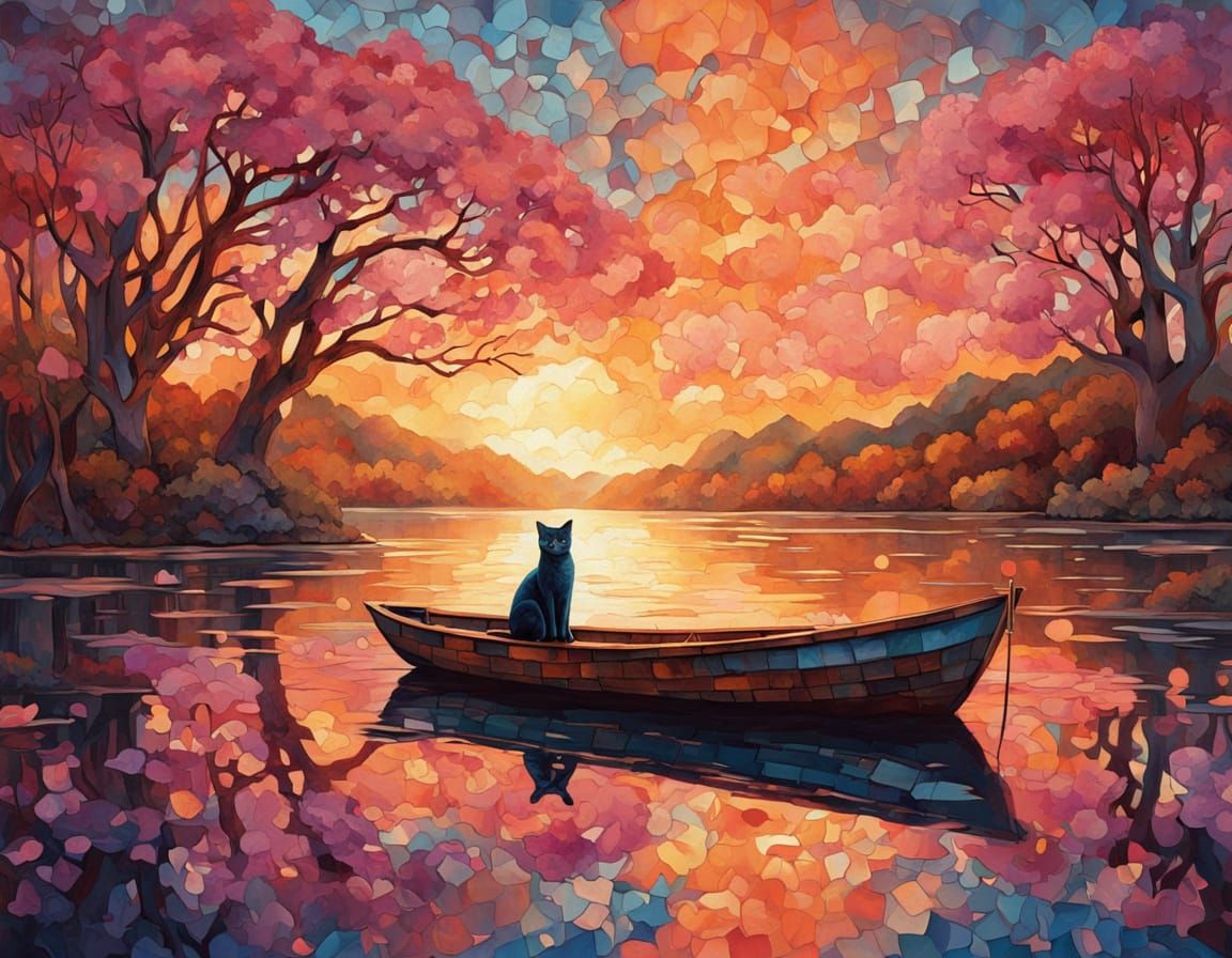 Tabby Cat Eating Fish by Glowing Lakeside at Sunset