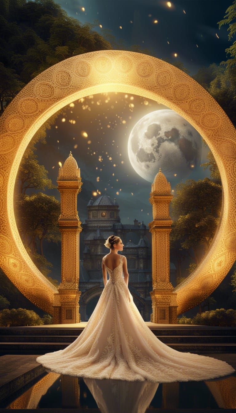 Bride Before Moon Gate in Digital Gold