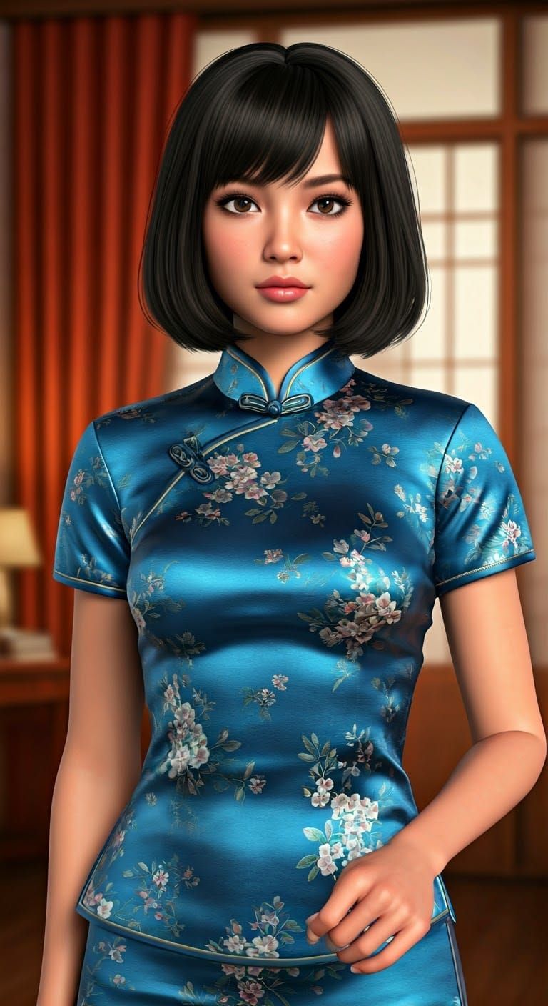 Thai Beauty in Blue Chinese Attire