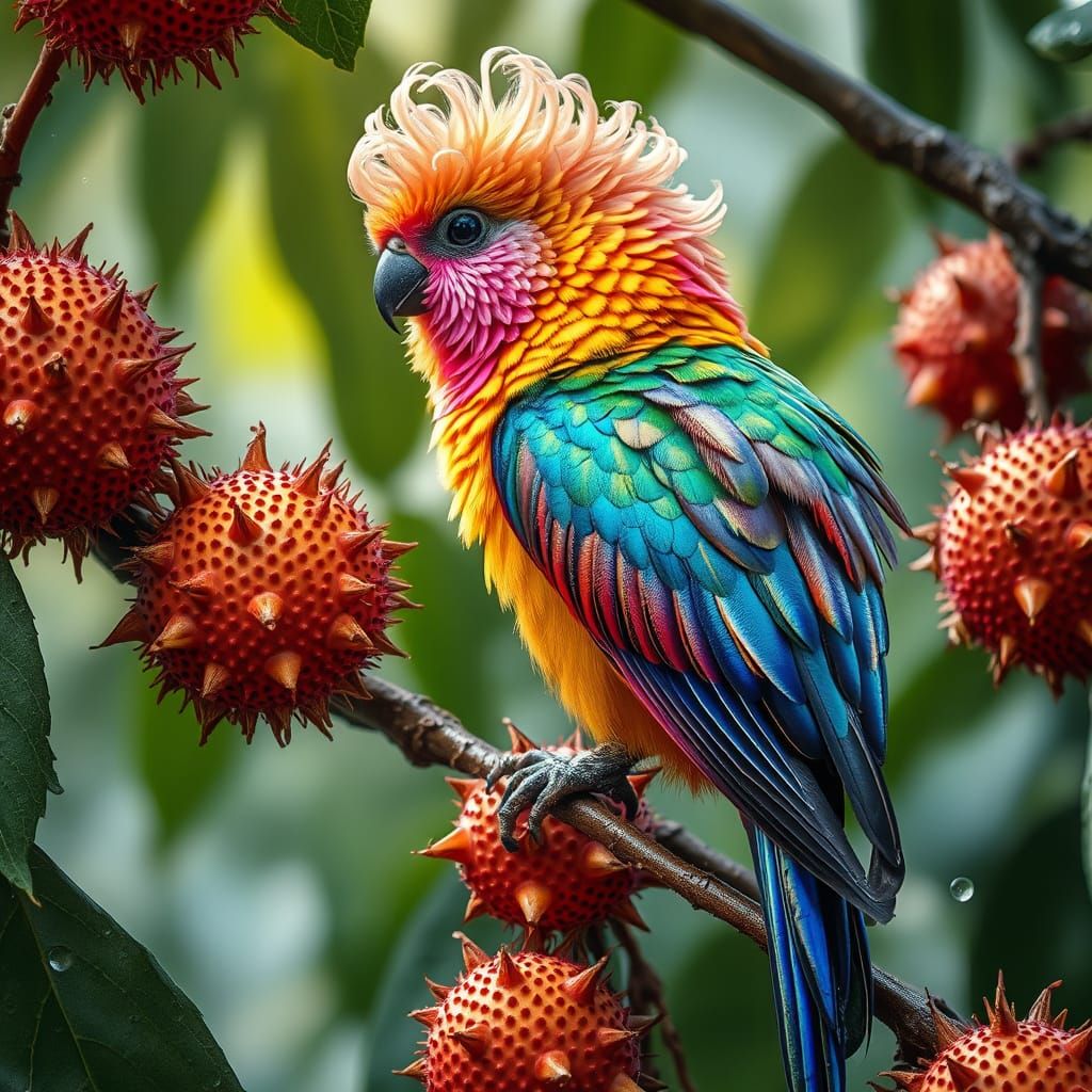 Iridescent Bird with Rambutan Fruit: Botanical Art