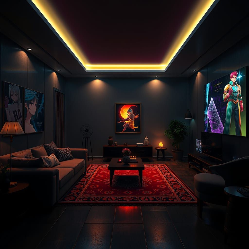 Mysterious Nighttime Living Room Scene in Anime Style
