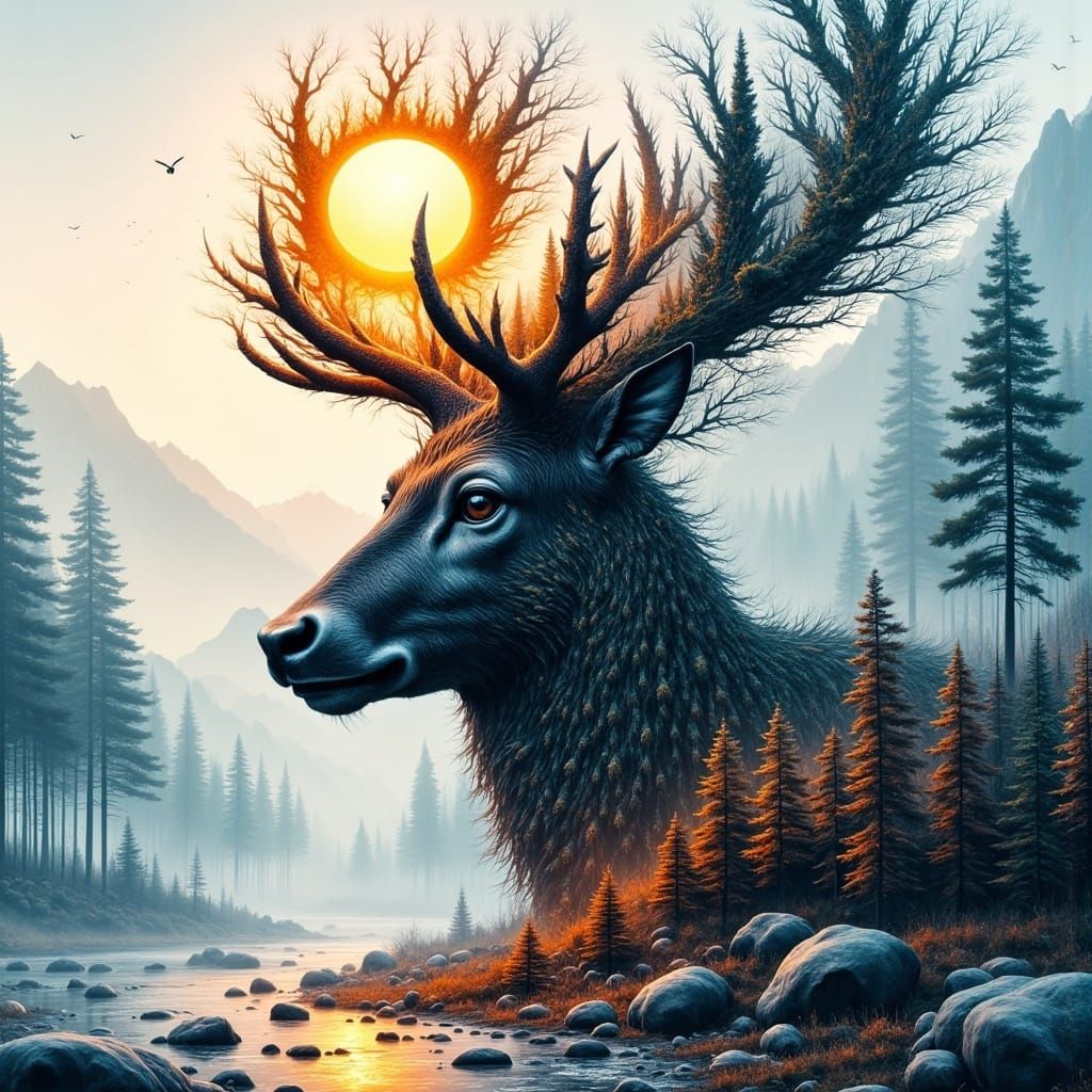 Deer Portrait in Abstract Winter Forest