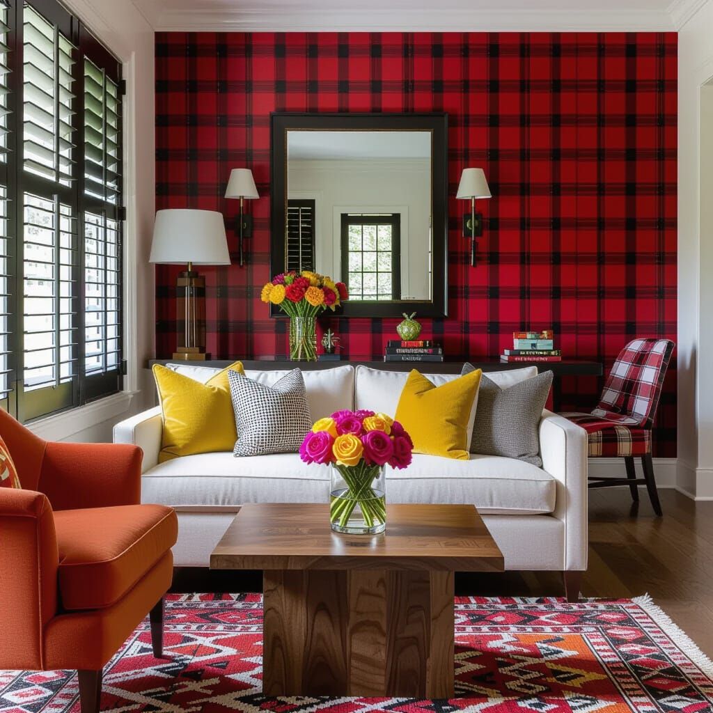 Cozy Living Room with Plaid Accents and Floral Vase