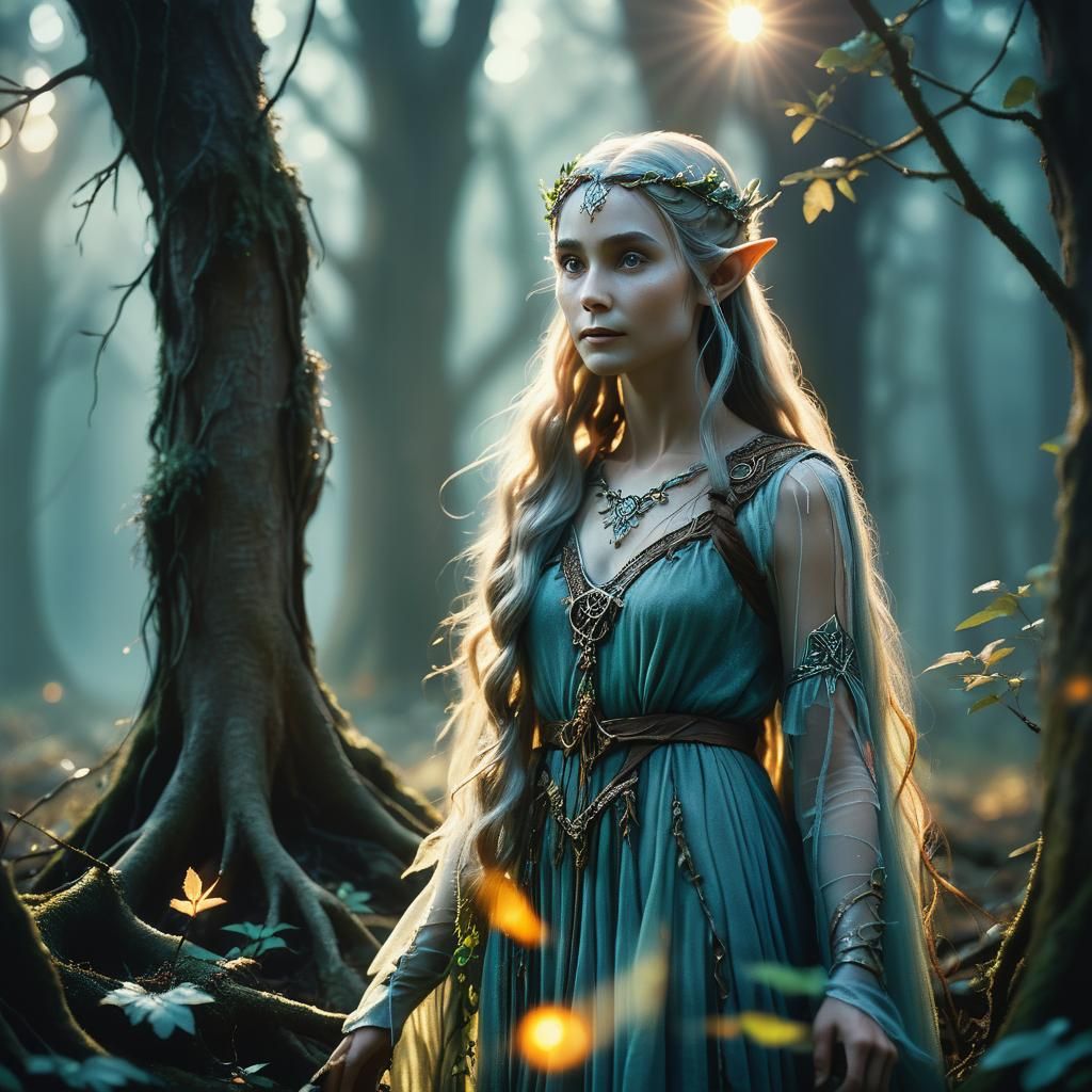 Mystical Elven Maiden in Twilight Forest Film Still