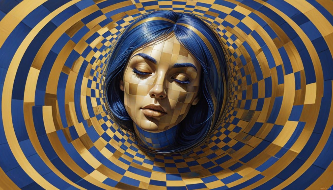 Abstract Checkered Woman: Blue and Gold Illusion