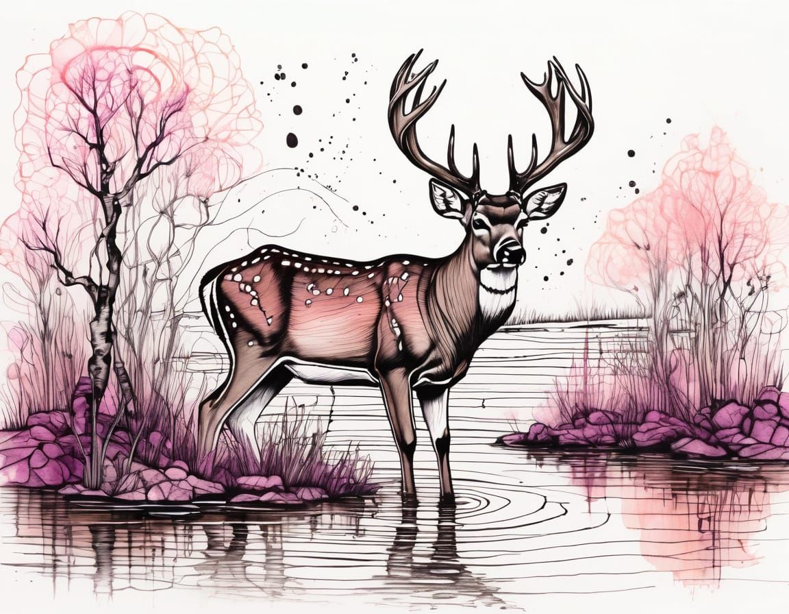 Surrealist Doodle of a White-Tailed Buck in a Deserted Pond