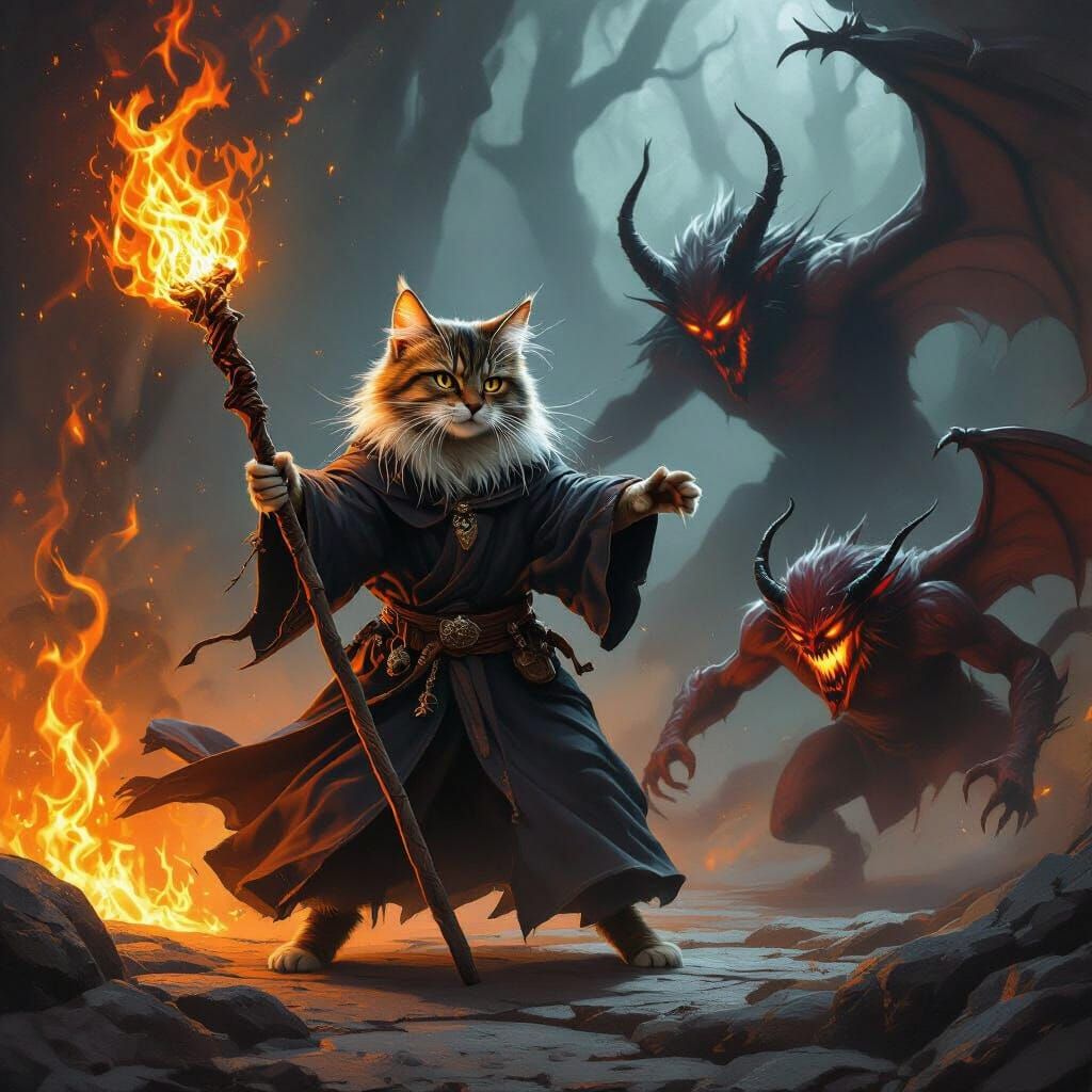 Whiskered Cat Wizard Battles Balrog in Fantasy Realm