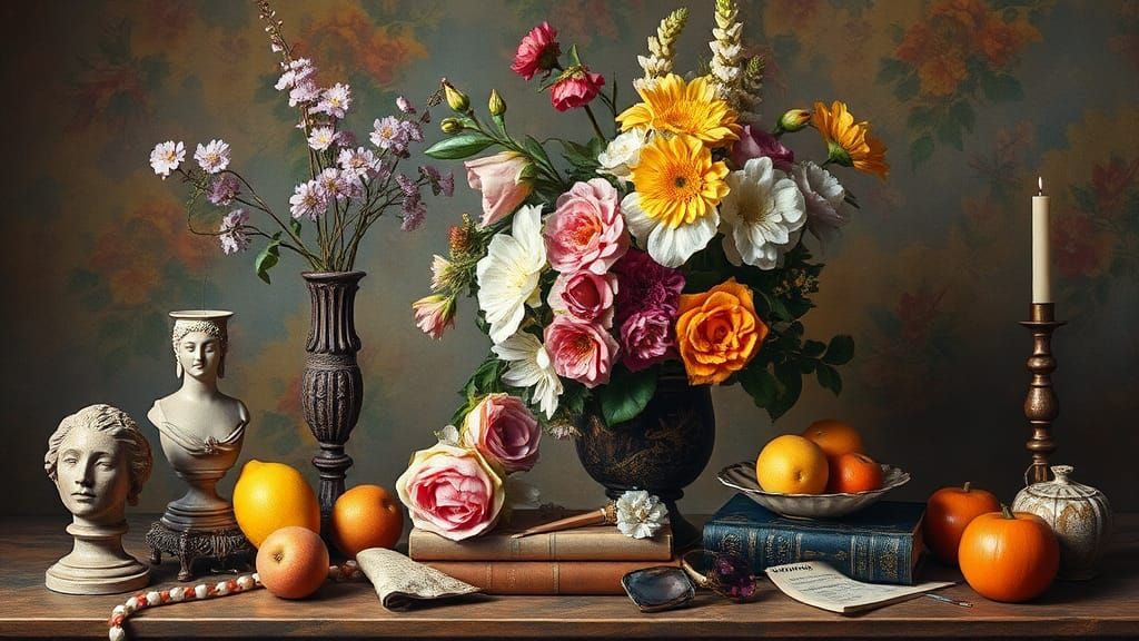 Hyperrealistic Vanitas Still-Life with Flowers and Sculpture