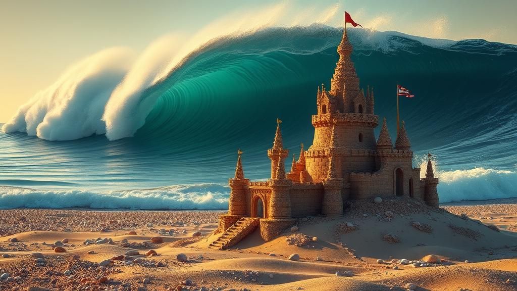 Fragile Sandcastle Meets Ominous Wave in Hyper-Real Scene