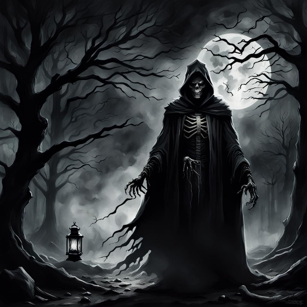 Dark Fantasy Death in Charcoal Sketch