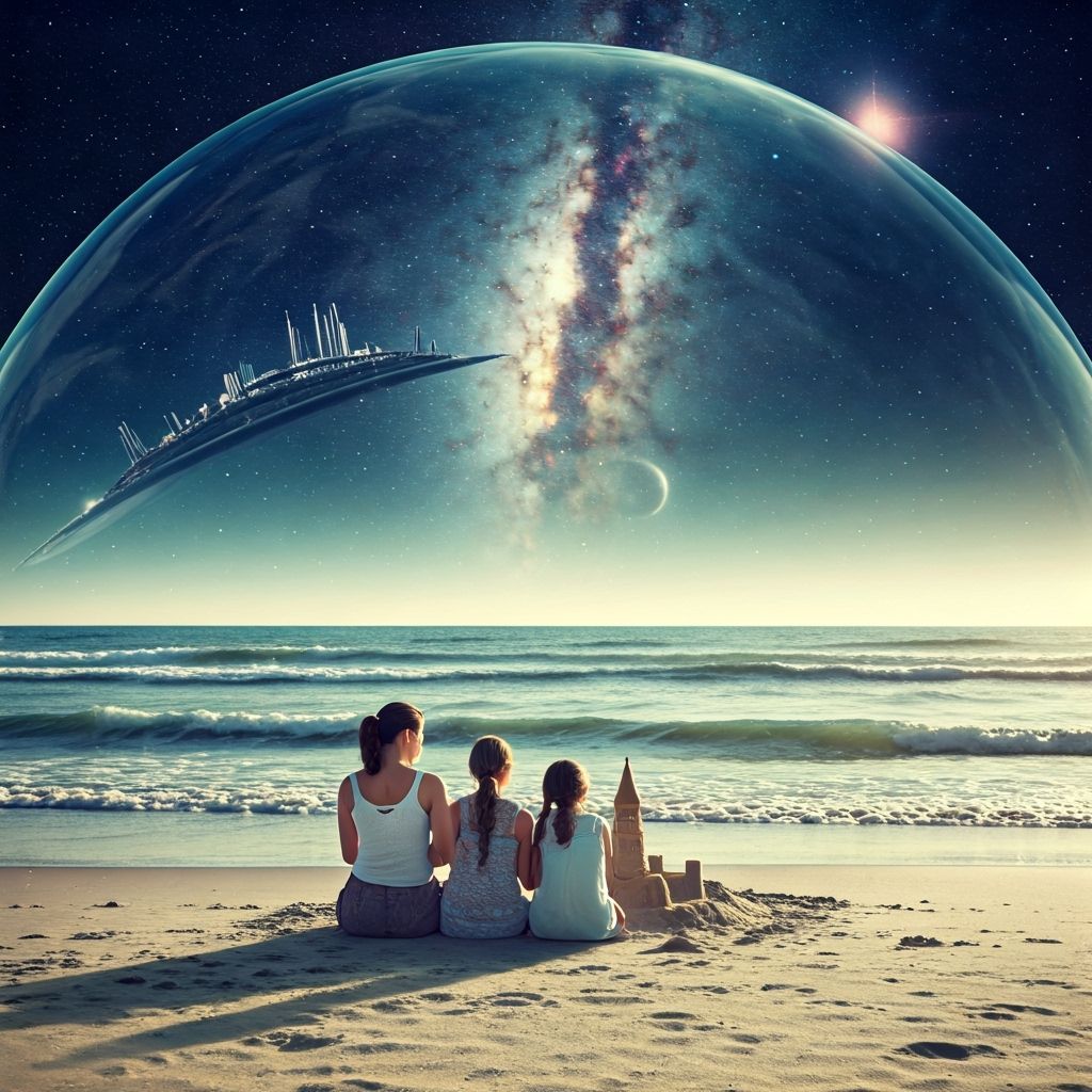 Family Photo Under Space Dome: Photorealistic Macro Beach Sc...